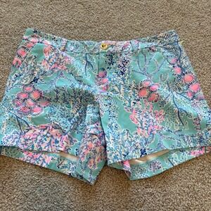 Lilly Pulitzer Callahan Knit Shorts Womens 10 Blue Pink Now You Sea Me Beach